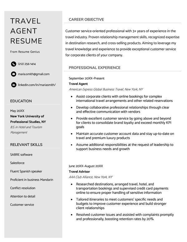 A travel agent resume sample.