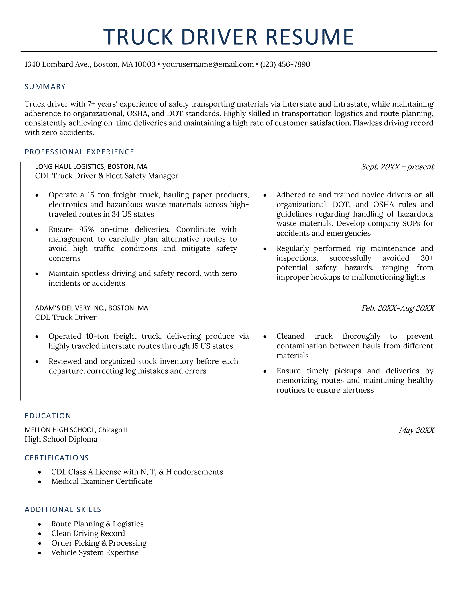 An example of a truck driver resume on a template with dark blue font for the resume heading