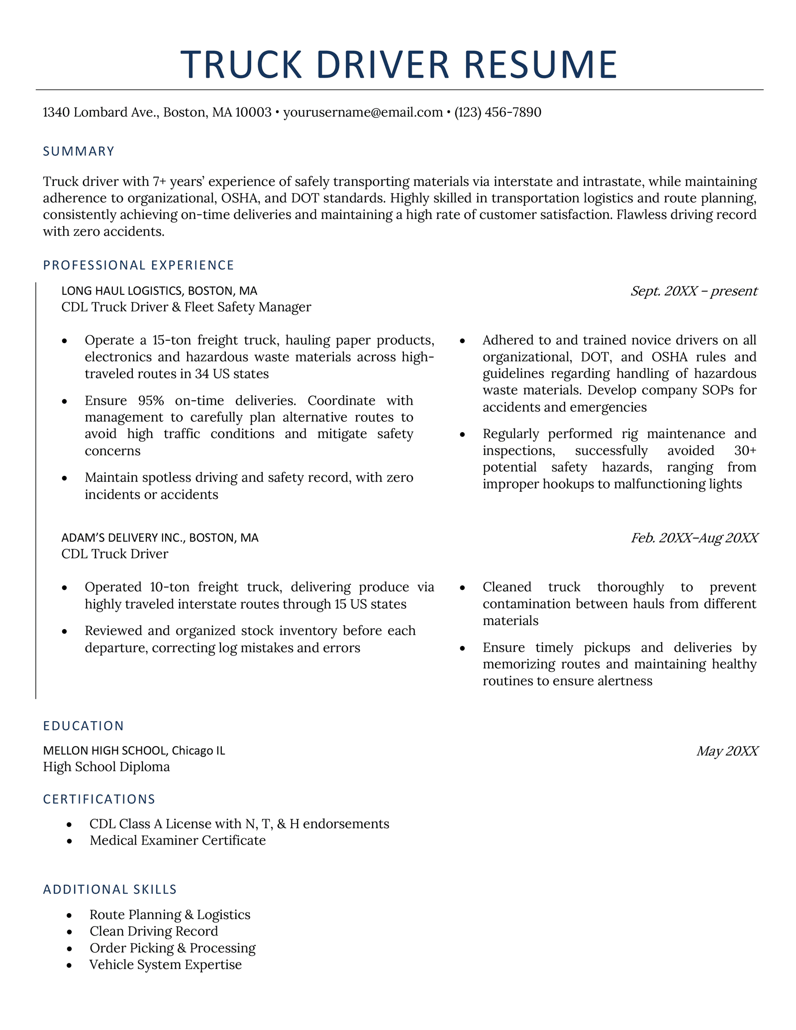 sample resume for truck driver in canada