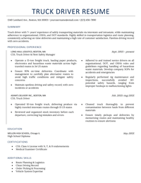 An example of a truck driver resume on a template with dark blue font for the resume heading