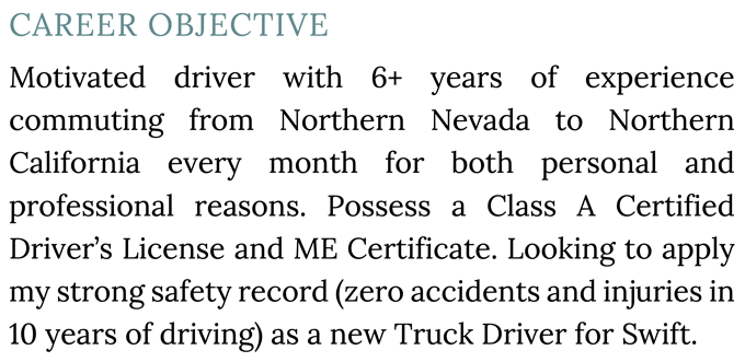 A truck driver resume objective example with a teal header