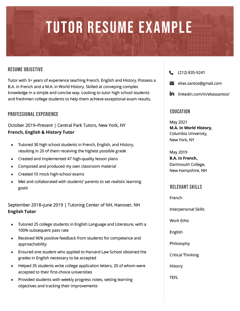 A tutor resume example
