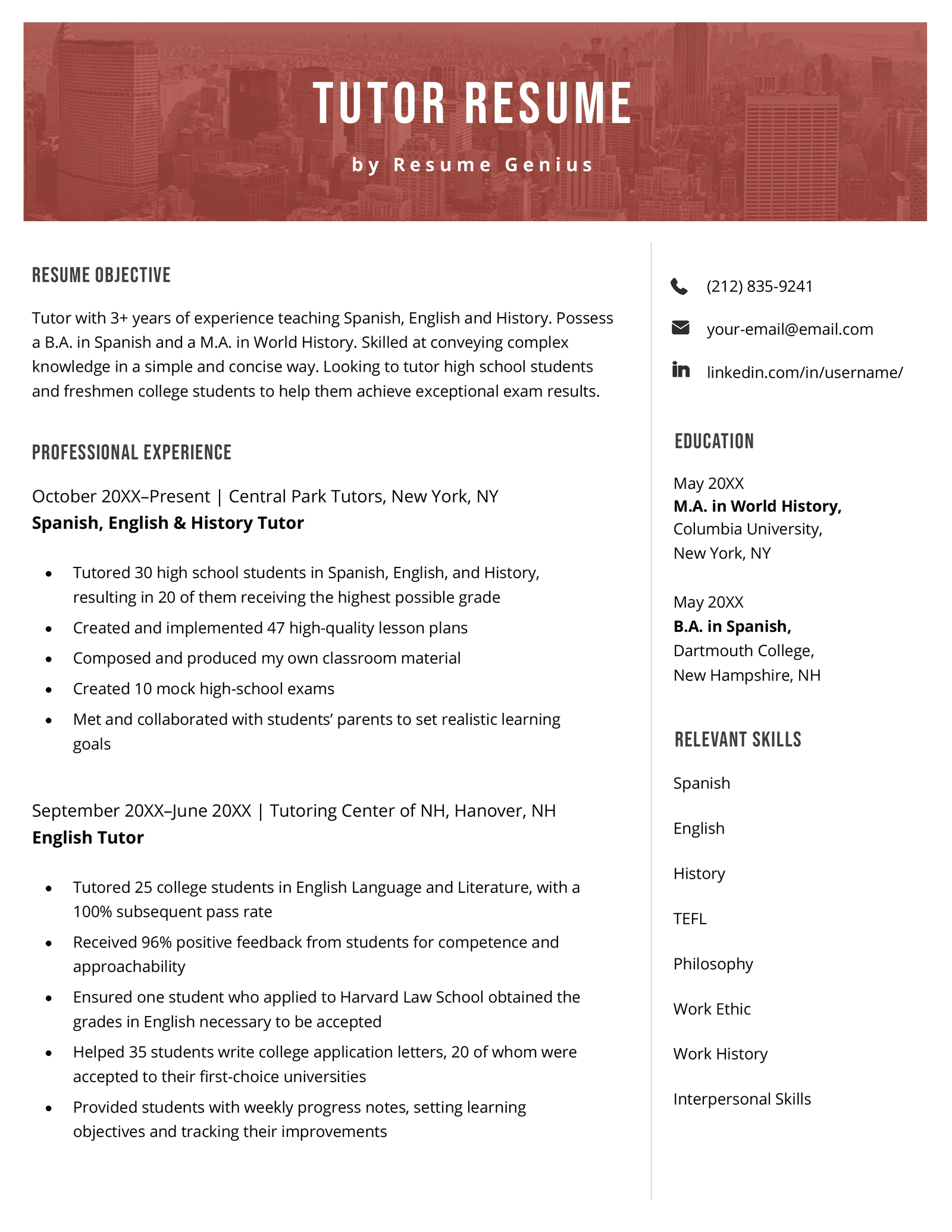 resume sample for tutoring job