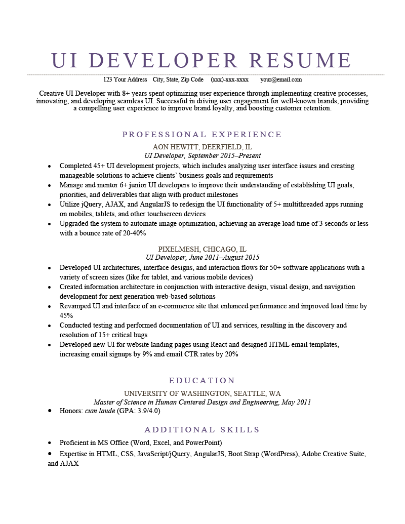 UI Developer Resume Template