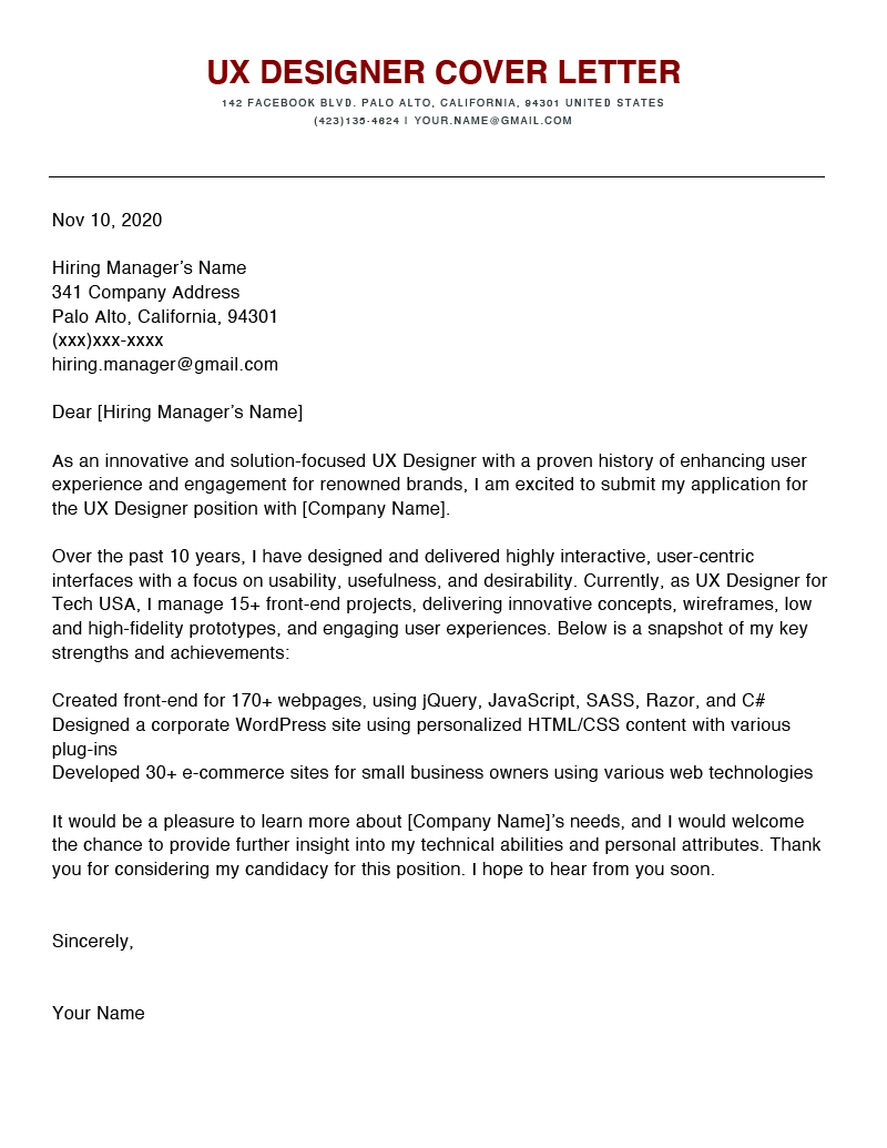 A UX designer cover letter sample