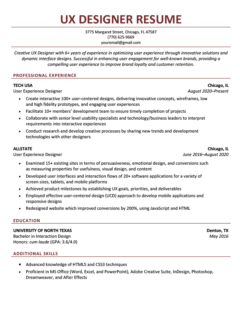 A UX designer resume sample on a template with red font for each heading