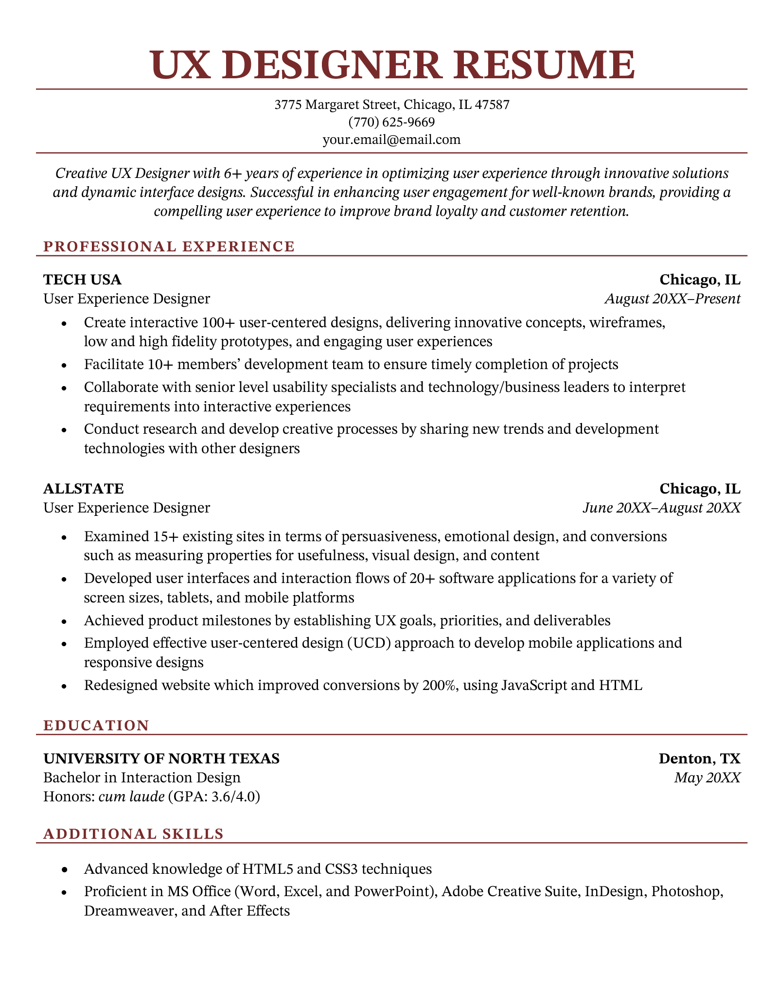 ux writer resume sample