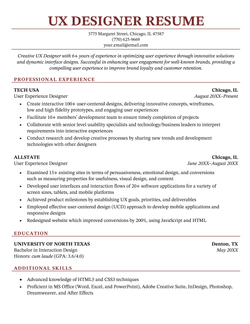 A UX designer resume sample on a template with red font for each heading