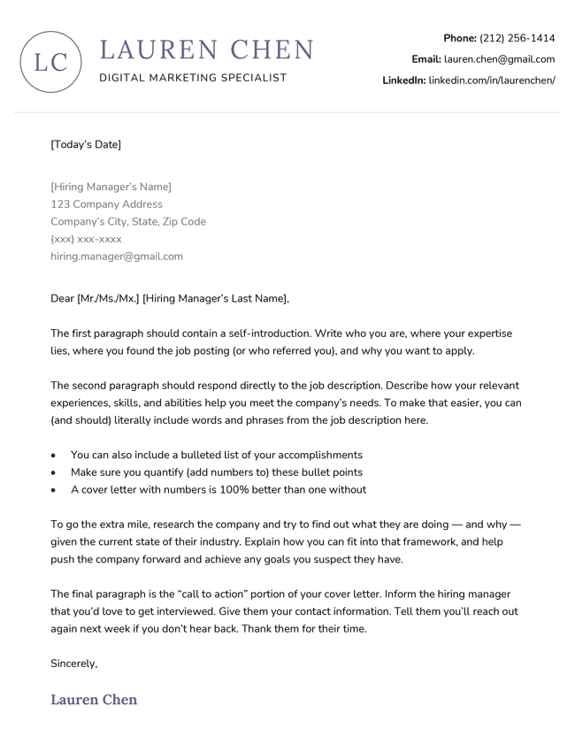 The Unique modern cover letter template in violet