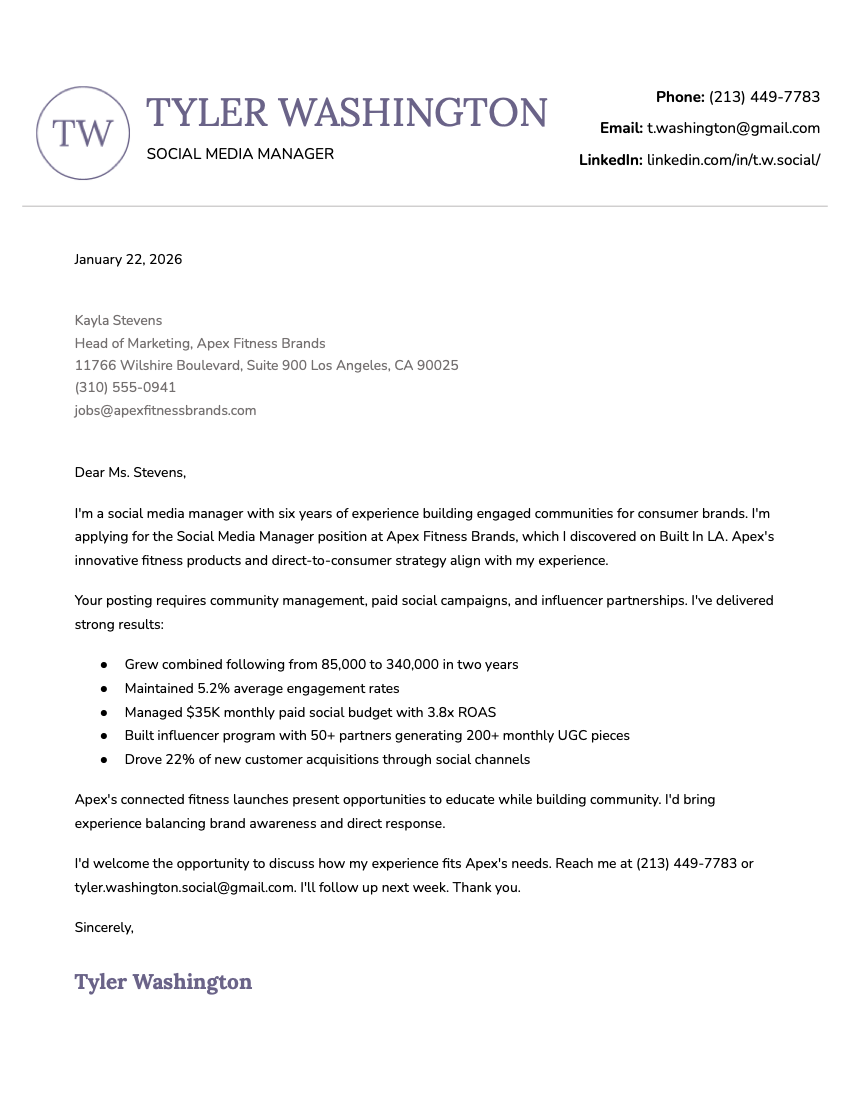 The Unique cover letter template, a custom-made cover letter design compatible with Google Docs.