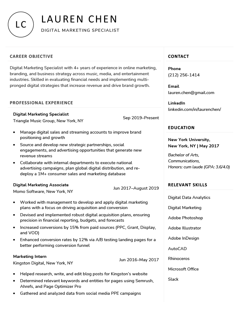 An example of our unique resume template featuring lora and nunito sans as the main resume fonts