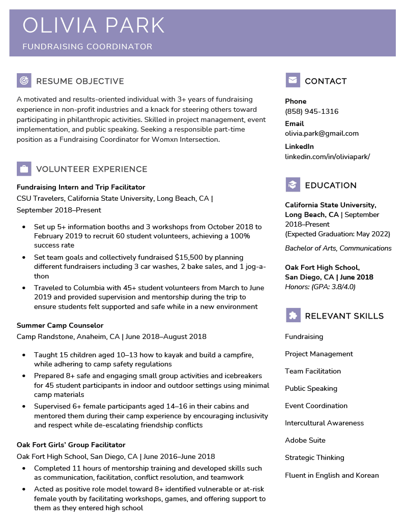 University student resume example for first job