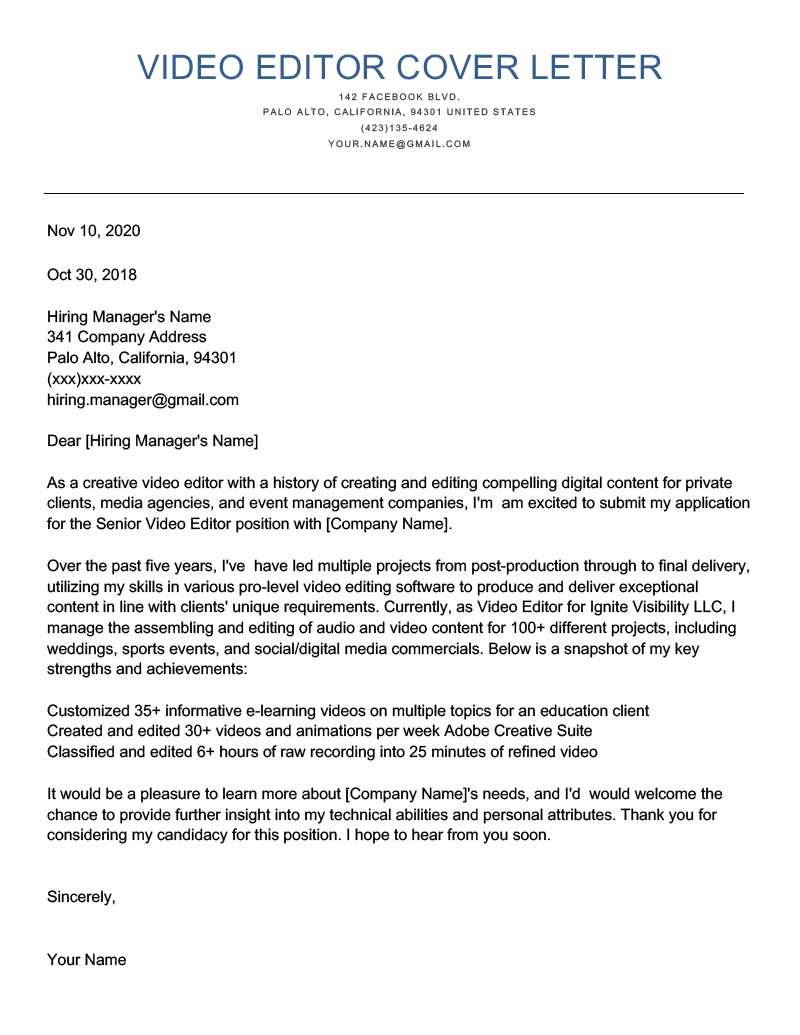 video editor application letter example