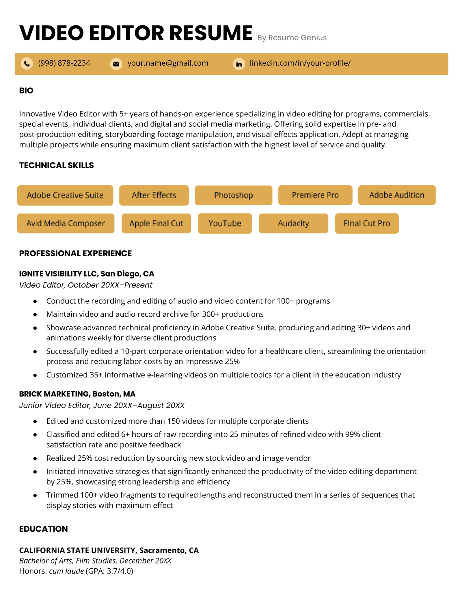 A video editor resume sample using the Advanced resume template in yellow.