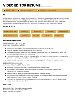 A video editor resume sample using the Advanced resume template in yellow.