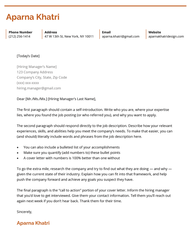 The Visual cover letter template in orange