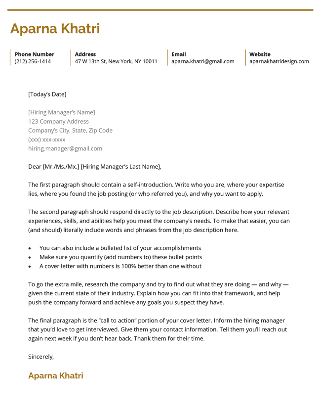 The Visual cover letter template in yellow