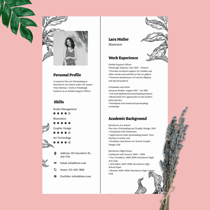 Example of a black and white visual resume.