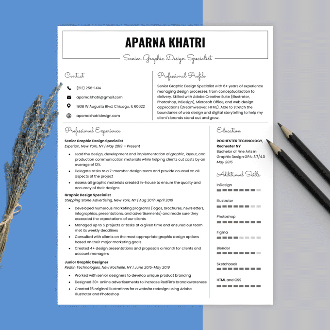 Visual resume template that uses unique typography. 