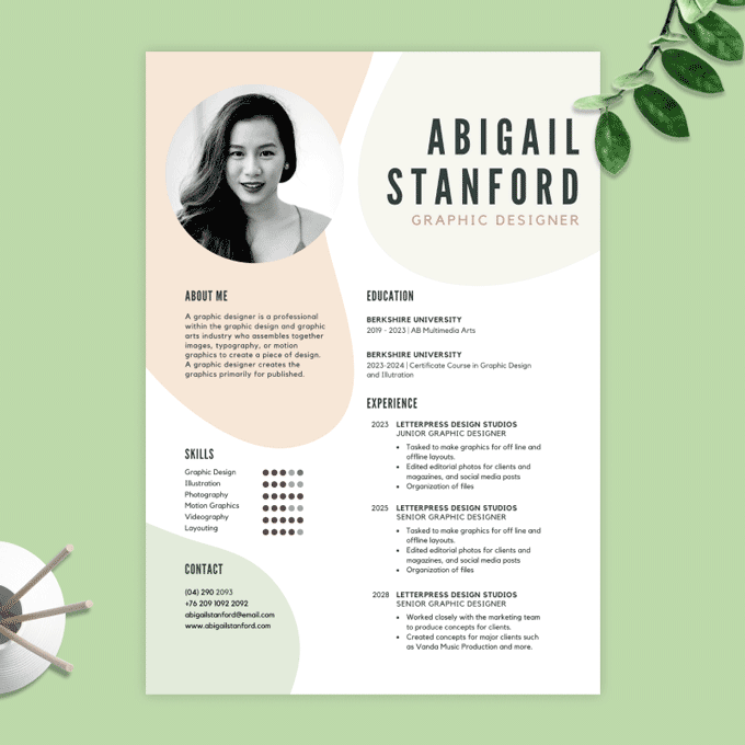 Visual resume template that uses a muted color scheme. 