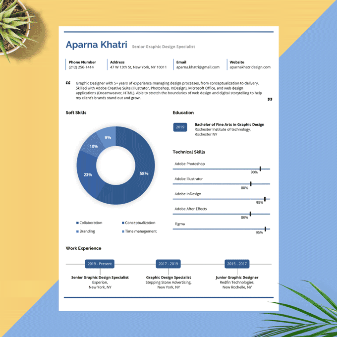 Visual resume with charts and timelines. 