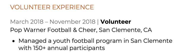 An example of volunteering experience in a dedicated resume section