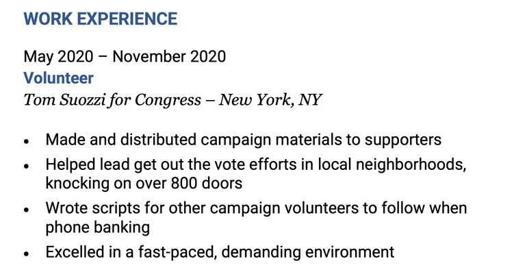 An example of volunteer work listed in a resume experience section