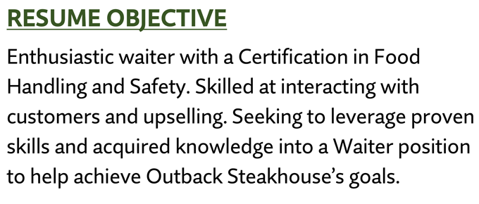 A waiter career objective example with a green, underlined header