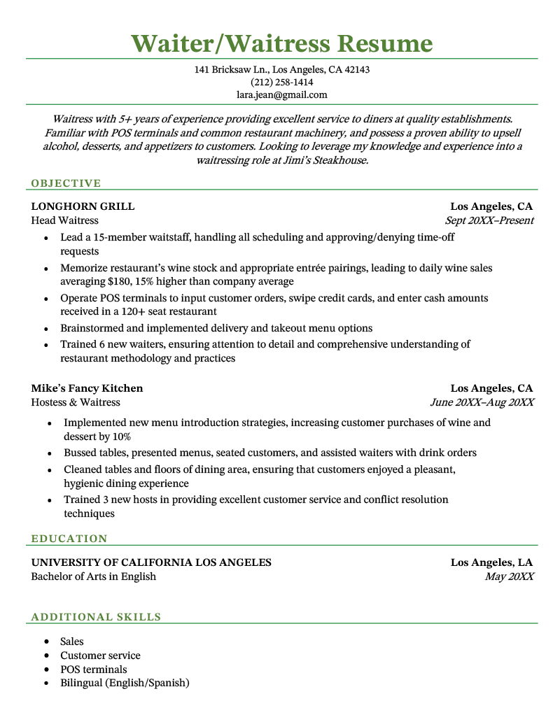An example waiter/waitress resume