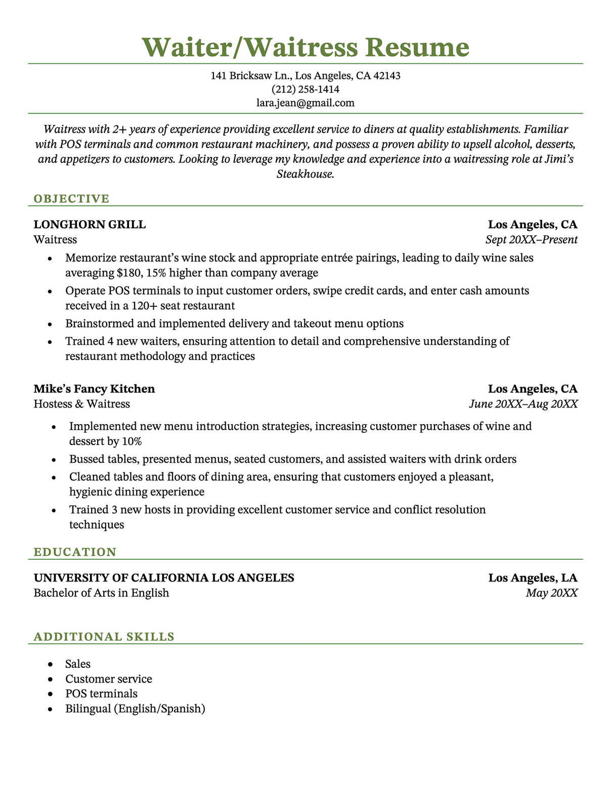 An example waiter/waitress resume