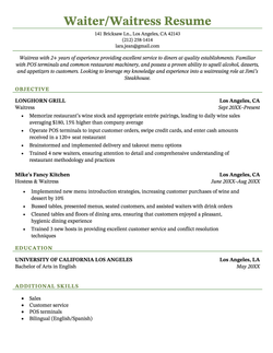 An example waiter/waitress resume