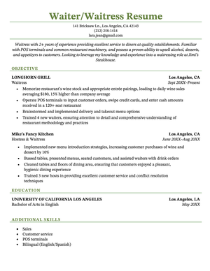 An example waiter/waitress resume
