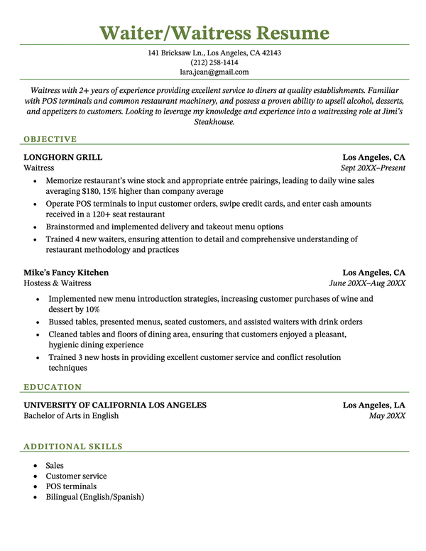 An example waiter/waitress resume