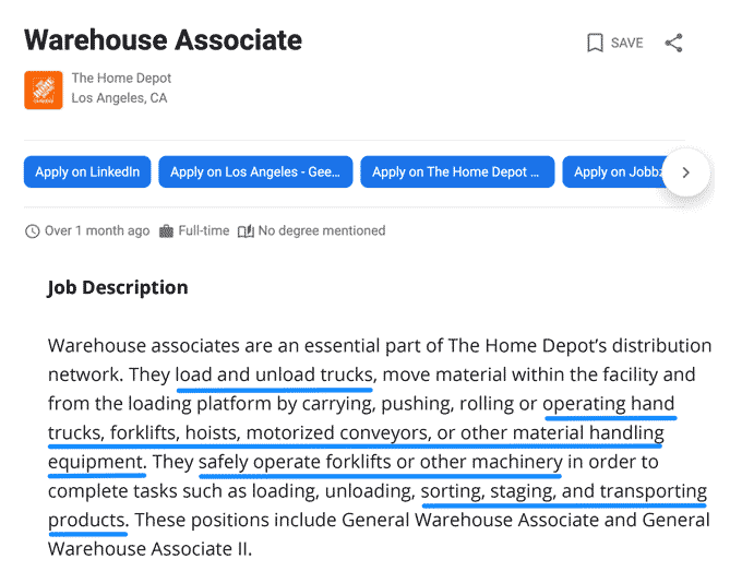 Example of a warehouse job description in a job posting.