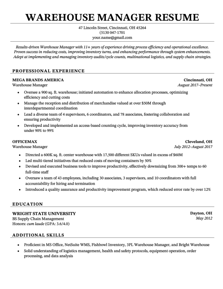 career summary for resume warehouse