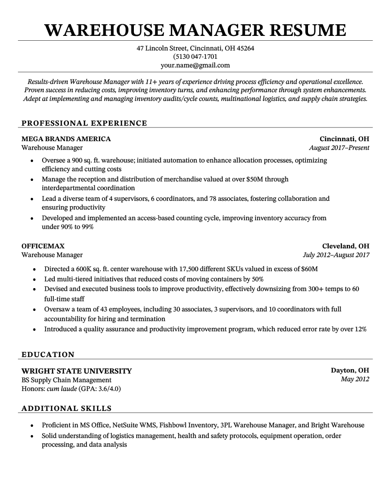 Warehouse Manager Resume Sample Summerforalways   Warehouse Manager Resume Sample Template 