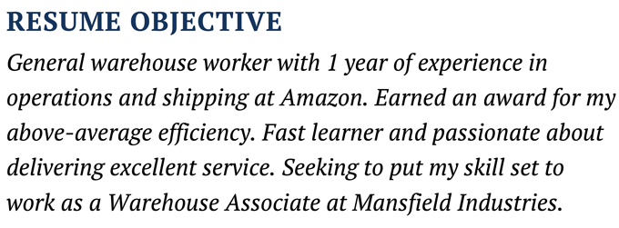 A warehouse worker resume objective example with a blue header