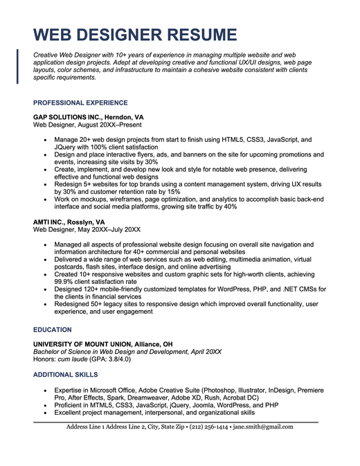 A web designer resume sample