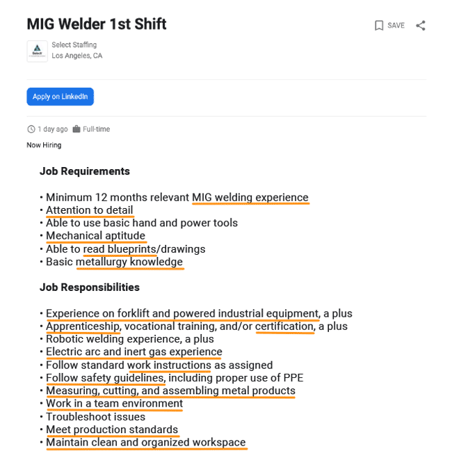 Example of a welder job description from a job listing.