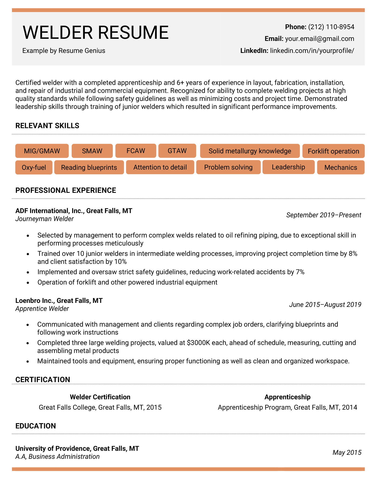 Example of a welder resume.