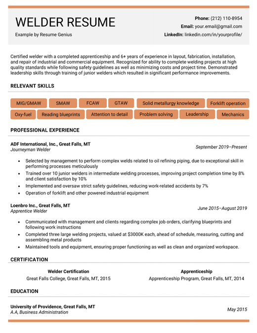 Example of a welder resume.
