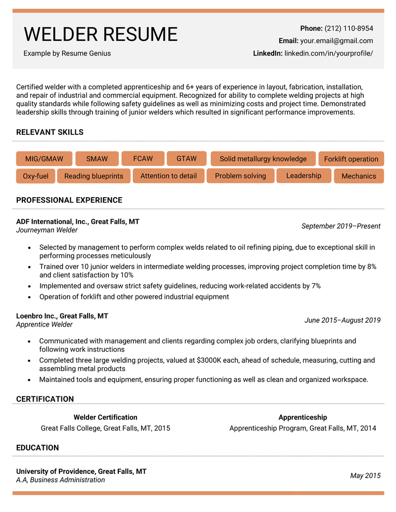 Example of a welder resume.