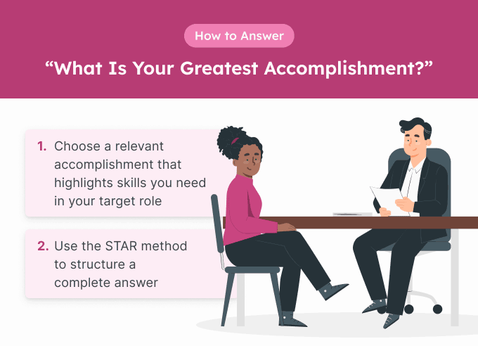 Graphic depicting two people in an interview, with a woman answering the question "What is your greatest accomplishment?"