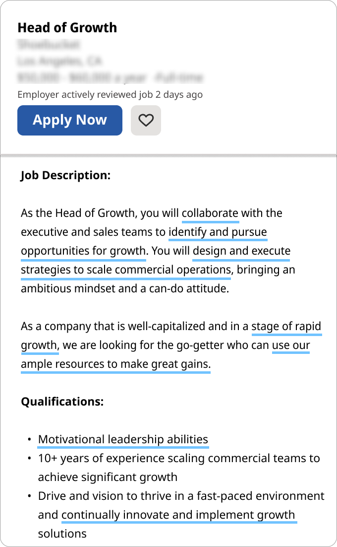 Image of a job advertisement for a head of growth role, with relevant keywords highlighted in blue, to show you how to answer "why should we hire you?"