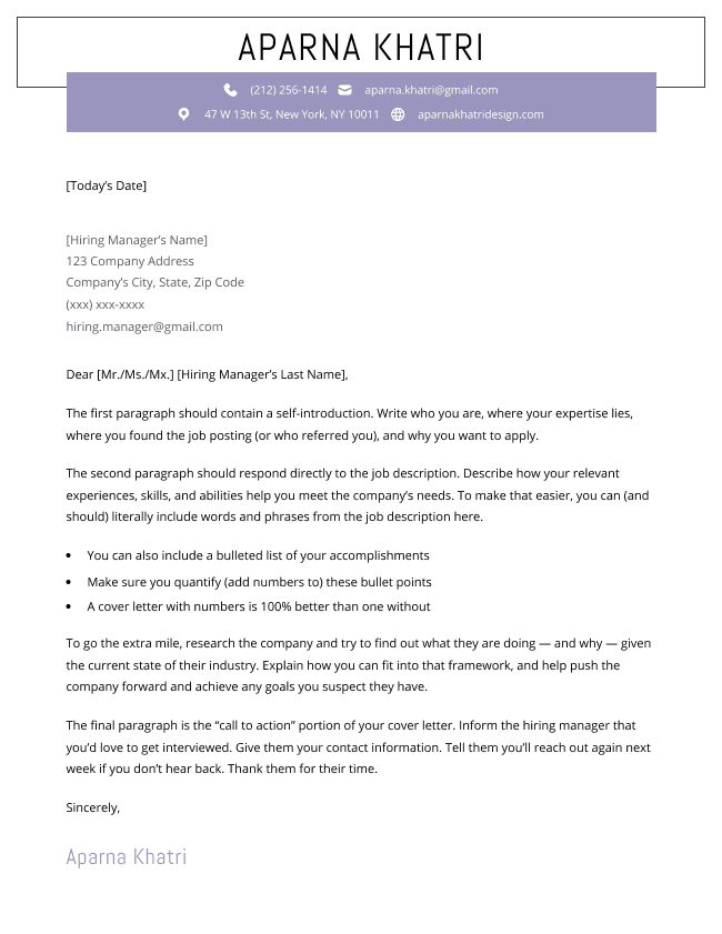 The Windsor cover letter template, which includes a unique two part header for your name and contact information