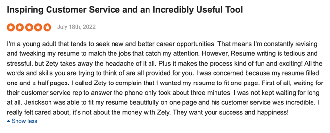 A positive Zety review posted on Sitejabber by a happy customer