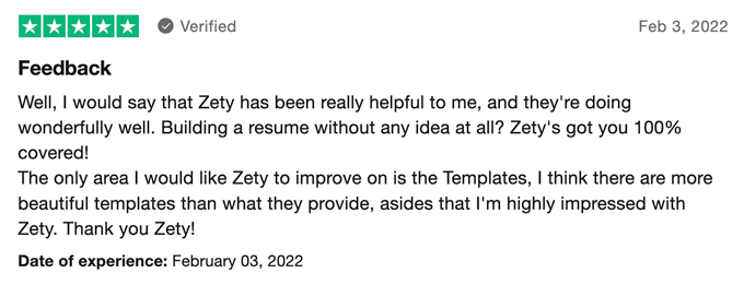 A positive customer review of Zety on Trustpilot