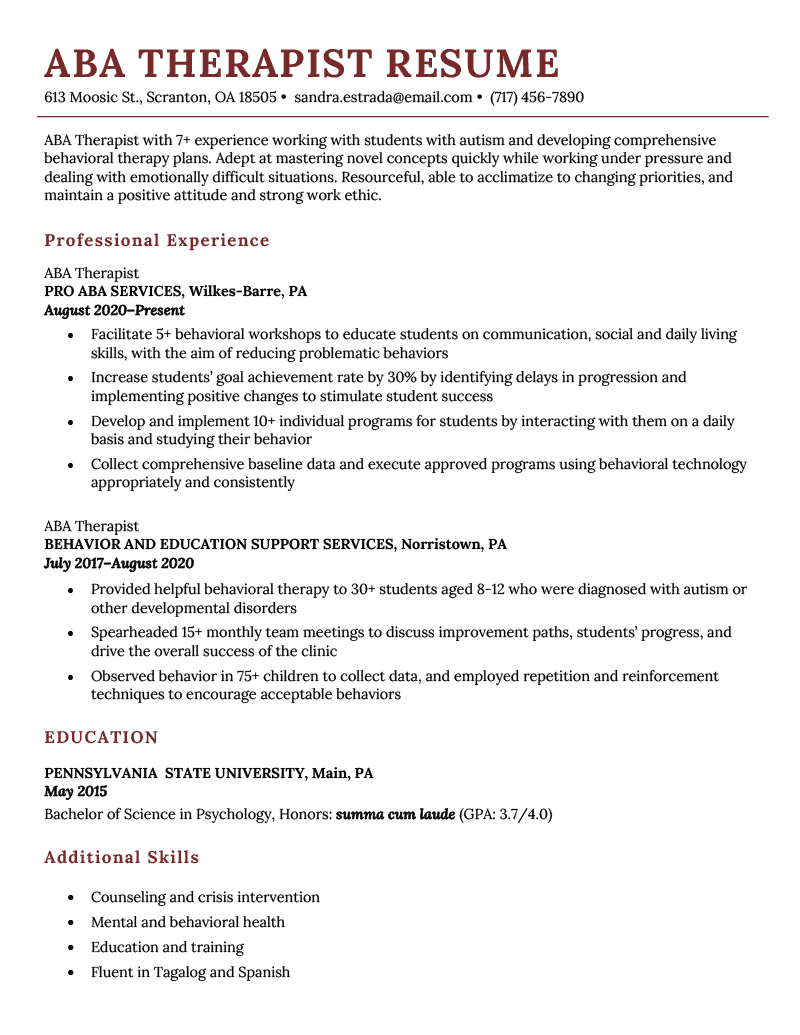 An ABA therapist resume sample on a template with a brick red header to accentuate the applicant's name, followed by their resume objective, work experience, educational background, and skills section