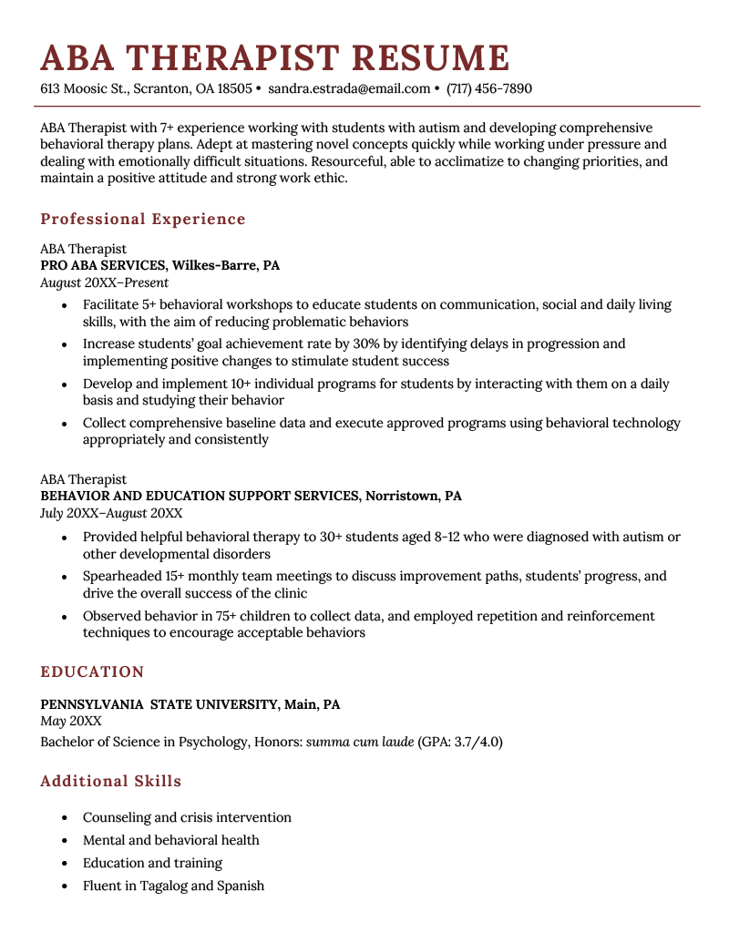 An ABA therapist resume sample on a template with a brick red header to accentuate the applicant's name, followed by their resume objective, work experience, educational background, and skills section