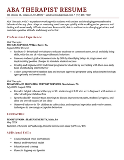 An ABA therapist resume sample on a template with a brick red header to accentuate the applicant's name, followed by their resume objective, work experience, educational background, and skills section